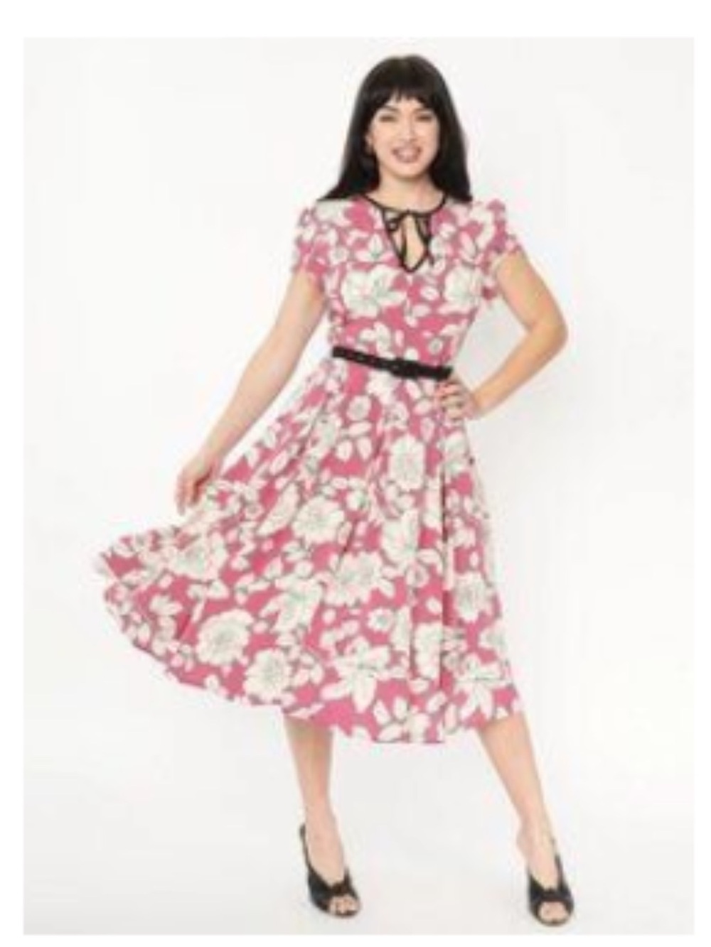 Unique Vintage Floral V-Neck Midi Dress in Pink and Cream (14)